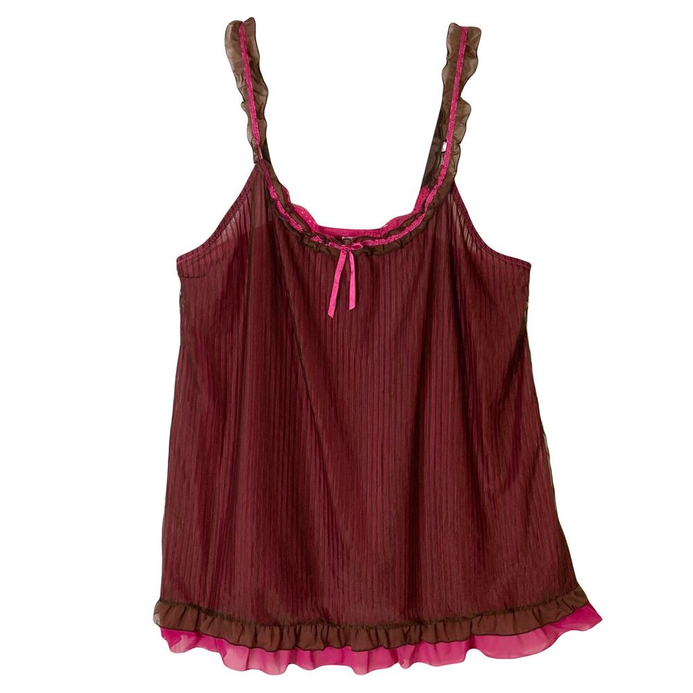 NWOT CACIQUE Top Nightie 14/16 Pink Bow Lace Trim Ruffle Striped Chiffon Lined